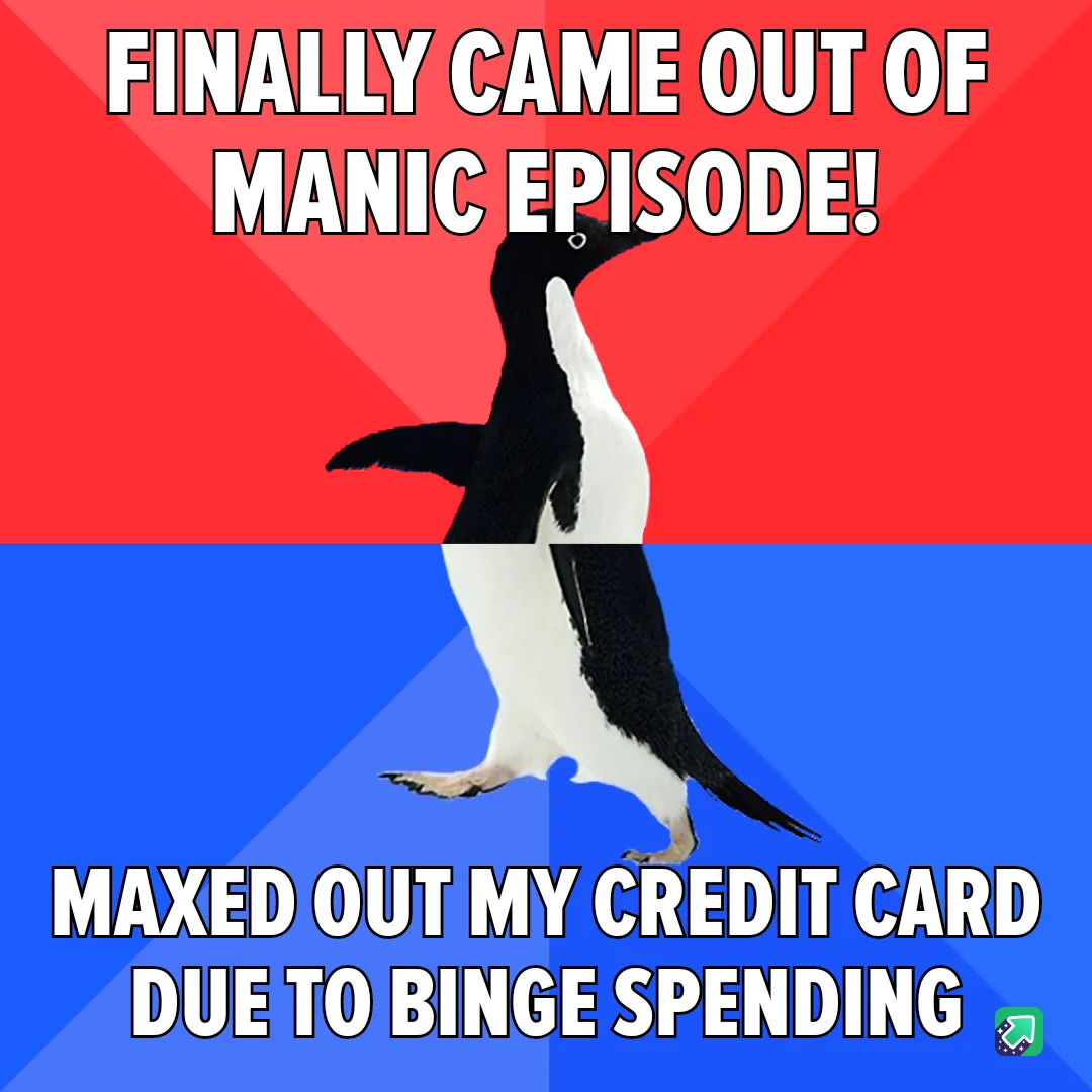 A penguin stands upright against a red and blue background, with bold white text at the top reading 'FINALLY CAME OUT OF…