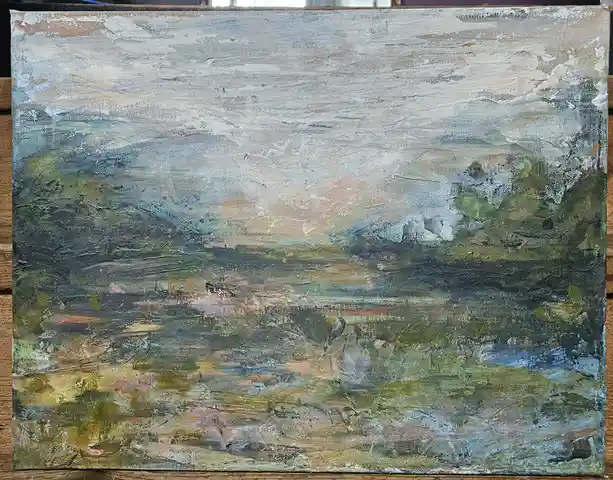 A textured, abstract oil painting on canvas depicts a blurry, impressionistic landscape with muted greens, blues, and…