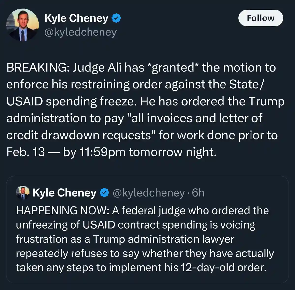 A screenshot of a tweet from Kyle Cheney showing a breaking news update that a judge has ordered the Trump administration to…