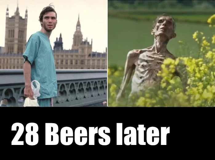 The image is split into two panels: left shows a man in a teal hospital gown standing on a bridge with the Palace of…