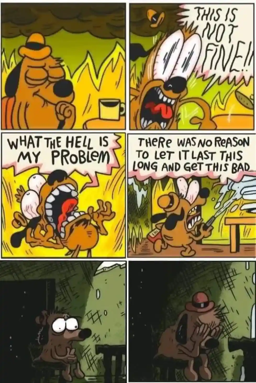 A six-panel comic strip featuring the cartoon dog character 'Grumpy Cat' (actually 'Grumpy Cat' is a different character…