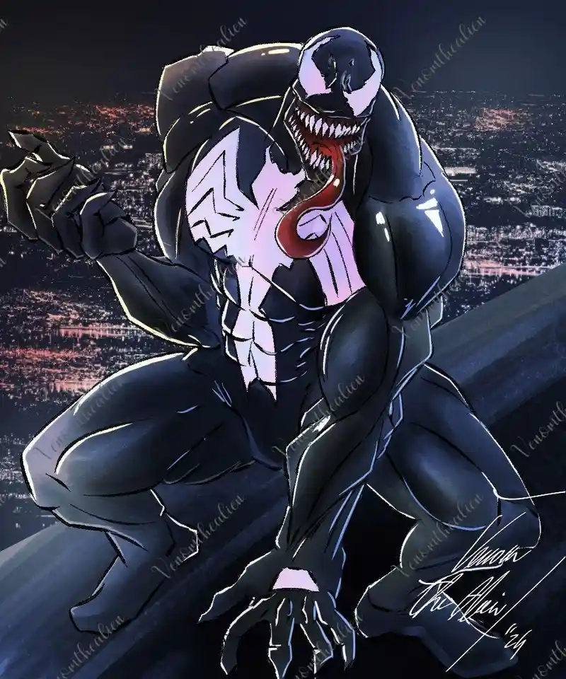 A muscular, black-and-white symbiote creature with a wide, toothy grin and red tongue, crouching atop a skyscraper ledge…