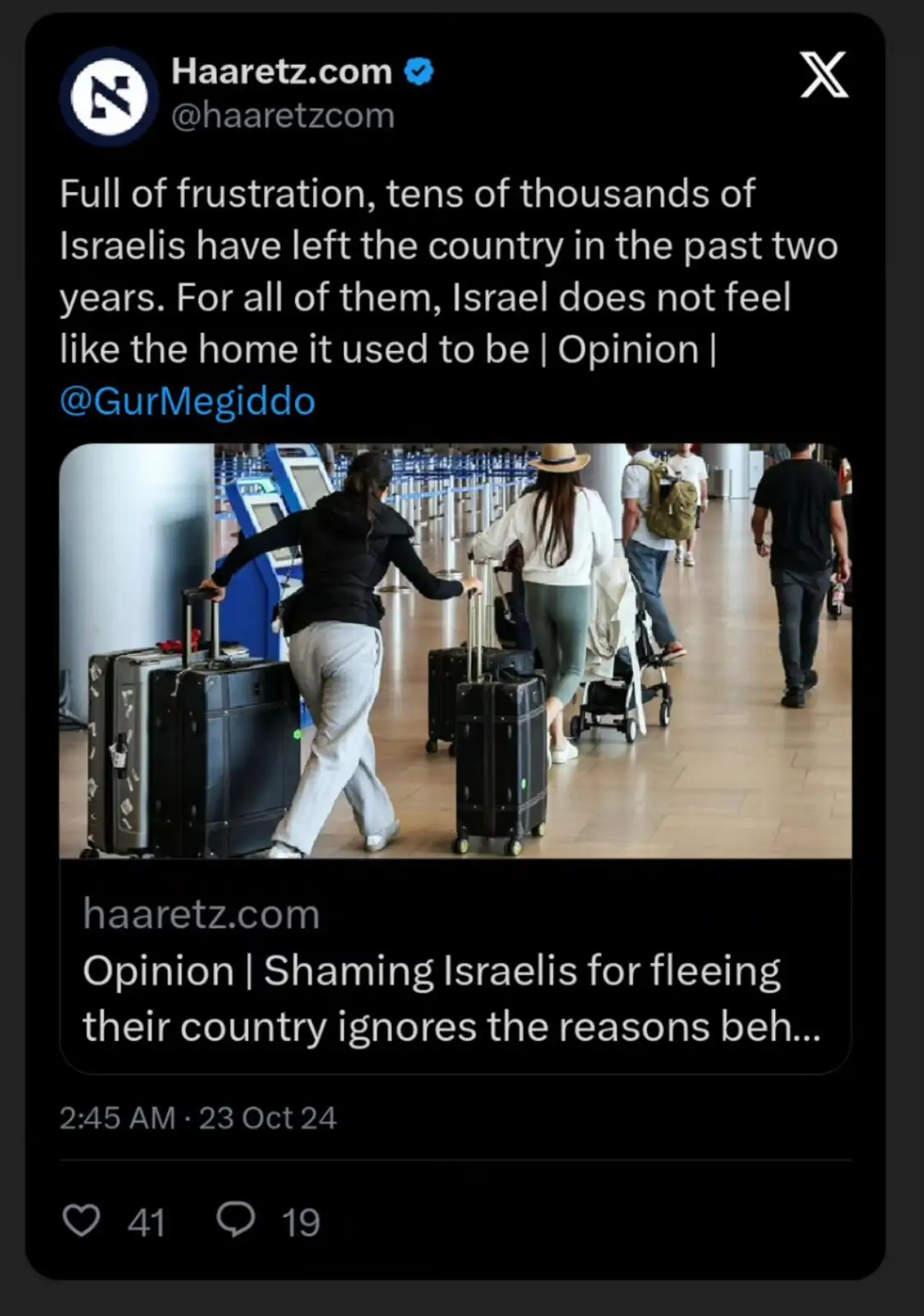A screenshot of a Haaretz.com X (Twitter) post featuring a photo of several people walking through an airport terminal…