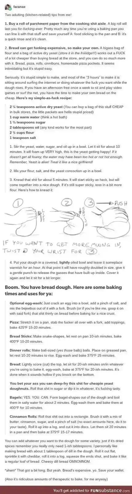 A text-heavy meme featuring a handwritten recipe for making bread from scratch, complete with three crude, hand-drawn…