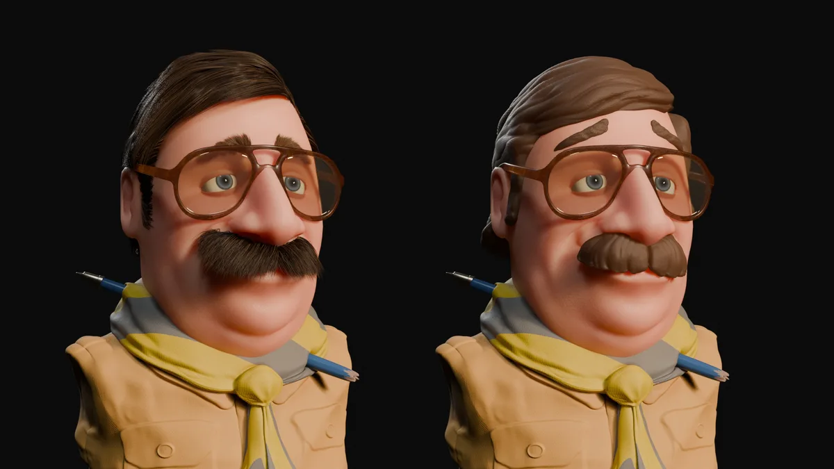 Two side-by-side 3D renderings of a cartoonish man with glasses and a mustache, wearing a tan vest and yellow tie with a pen…