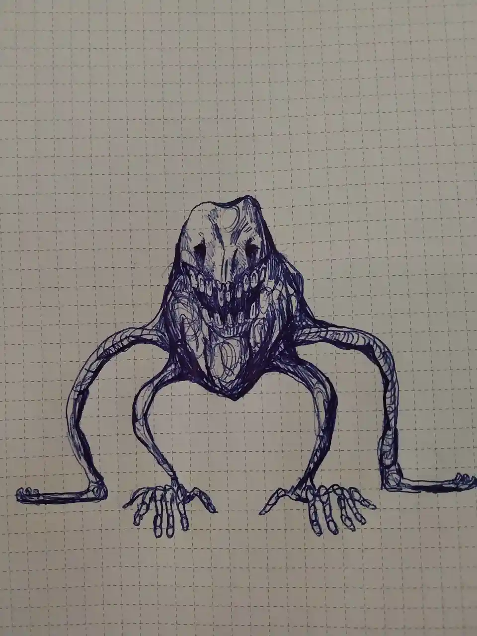 A hand-drawn, blue ink sketch on graph paper depicts a grotesque, four-limbed creature with a wide, toothy grin and hollow…