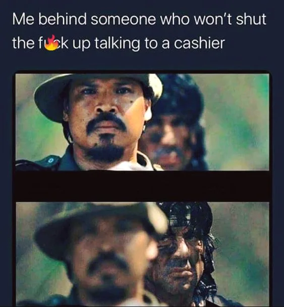 The image is a two-panel meme featuring a man with a mustache and hat looking intensely forward in the top panel, with…