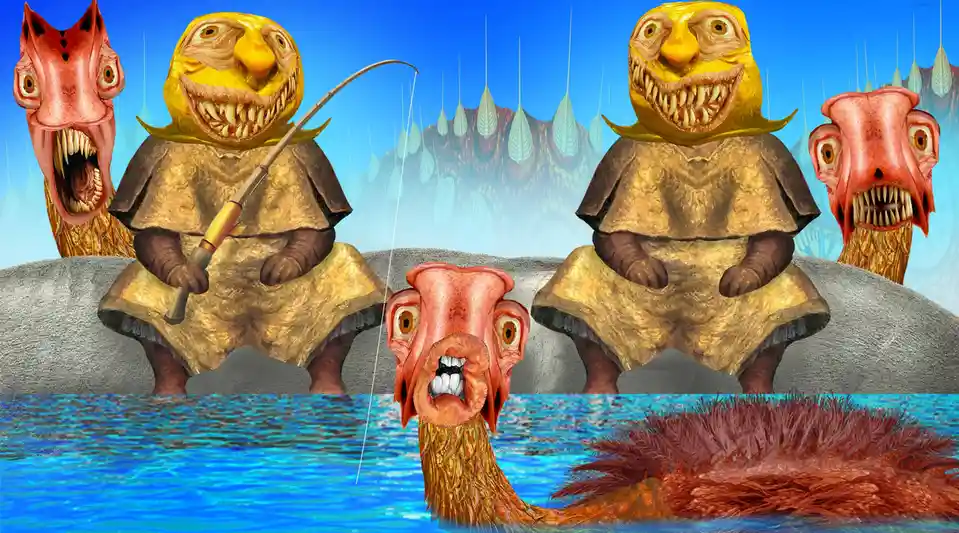 Two yellow-skinned, toothy, cartoonish figures sit on rocks holding fishing rods, casting lines into blue water where a red…