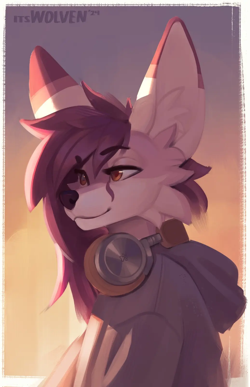 A stylized digital illustration of an anthropomorphic fox with purple fur, wearing headphones around its neck and a dark…
