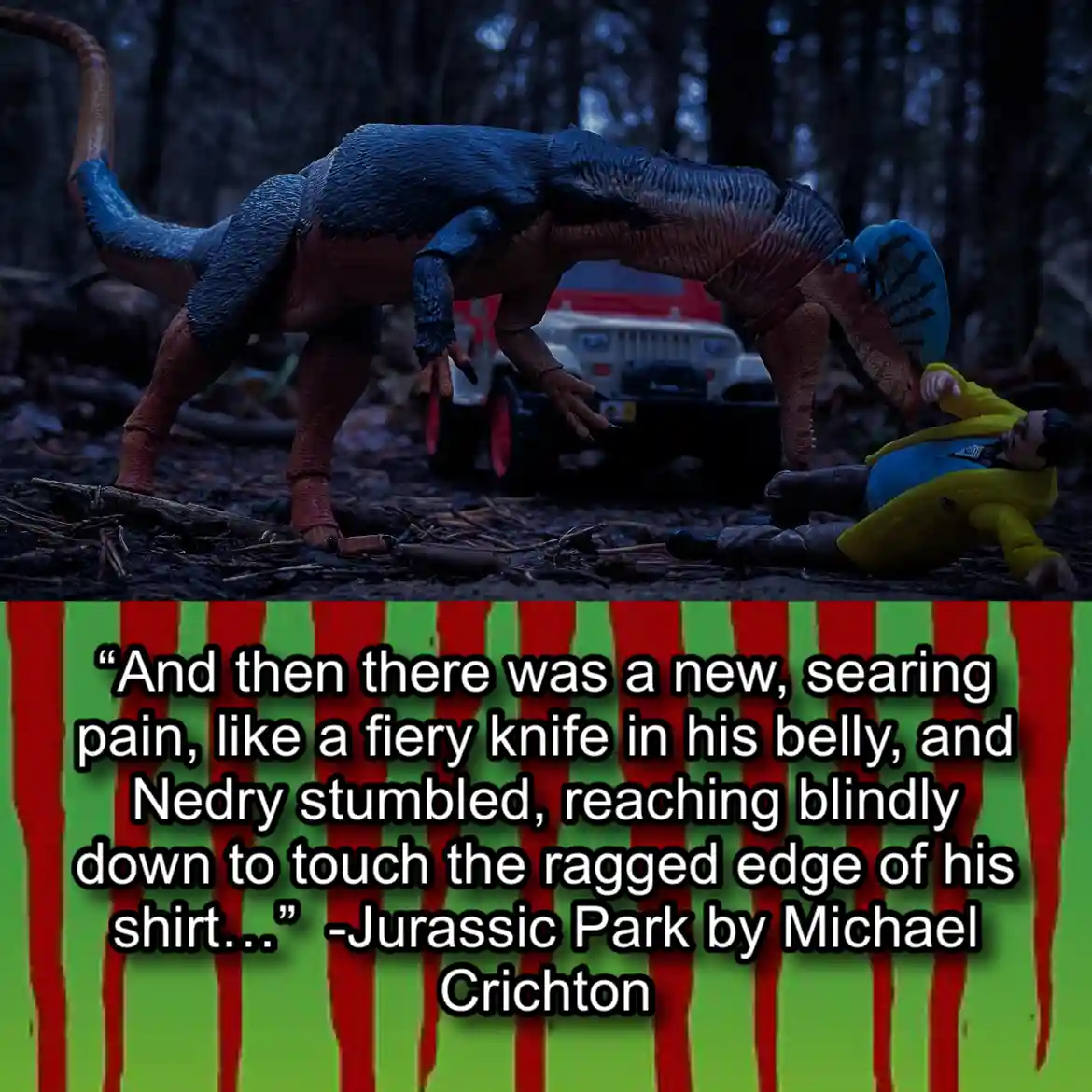 A toy dinosaur looms over a fallen toy figure of a man in a yellow jacket, with a toy jeep in the background, set against a…