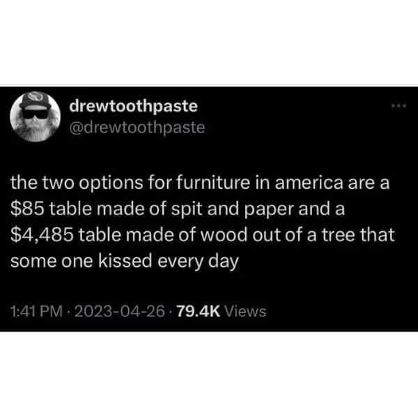 A screenshot of a tweet from user @drewtoothpaste, showing a black background with white text. The tweet humorously…