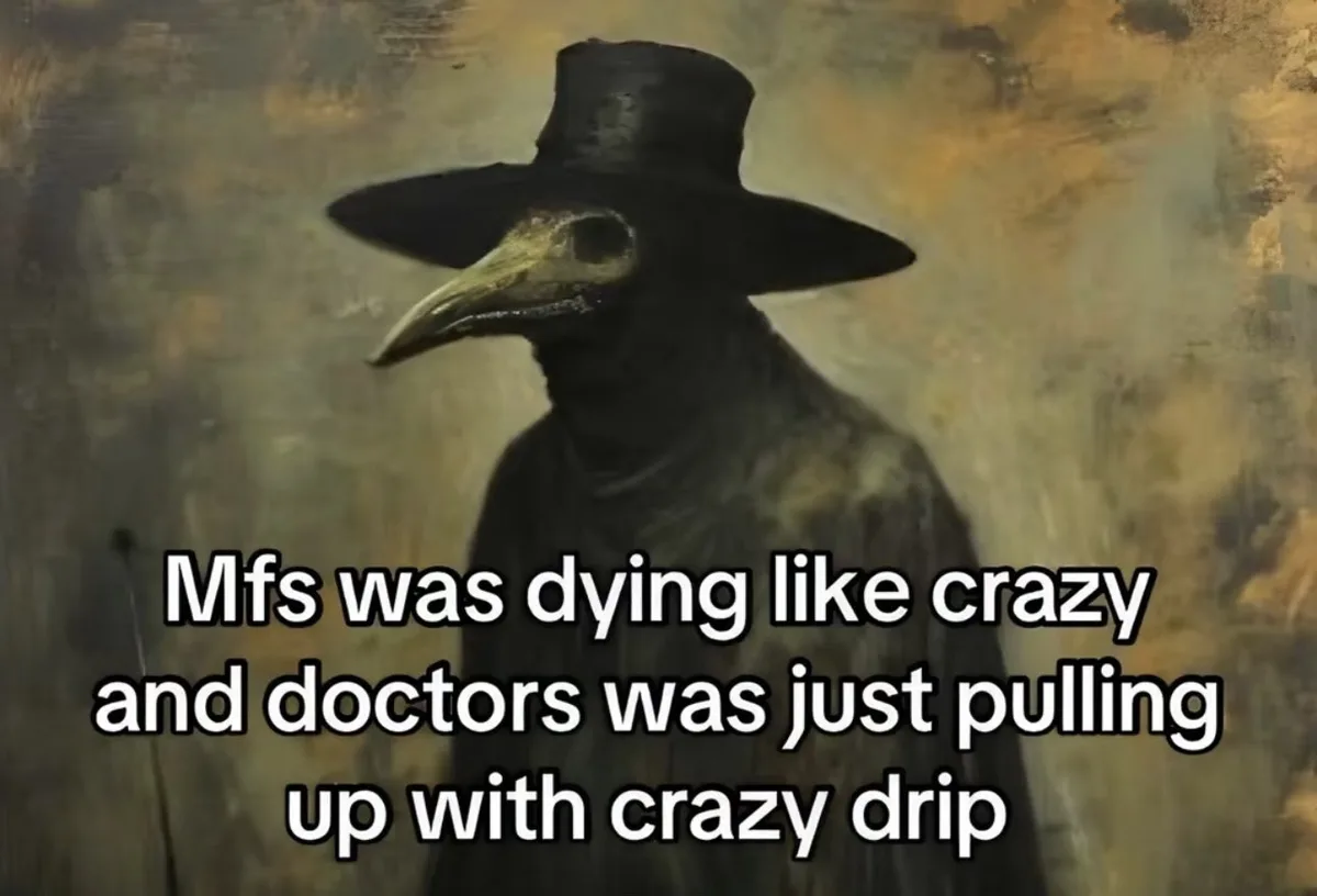 A dark, painterly image of a plague doctor wearing a wide-brimmed hat and a long-beaked mask, set against a murky, textured…