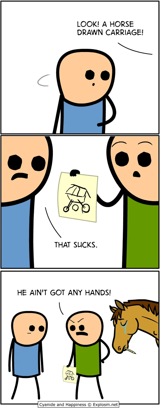 A three-panel comic strip featuring stick-figure characters. In the first panel, a character excitedly points out a…