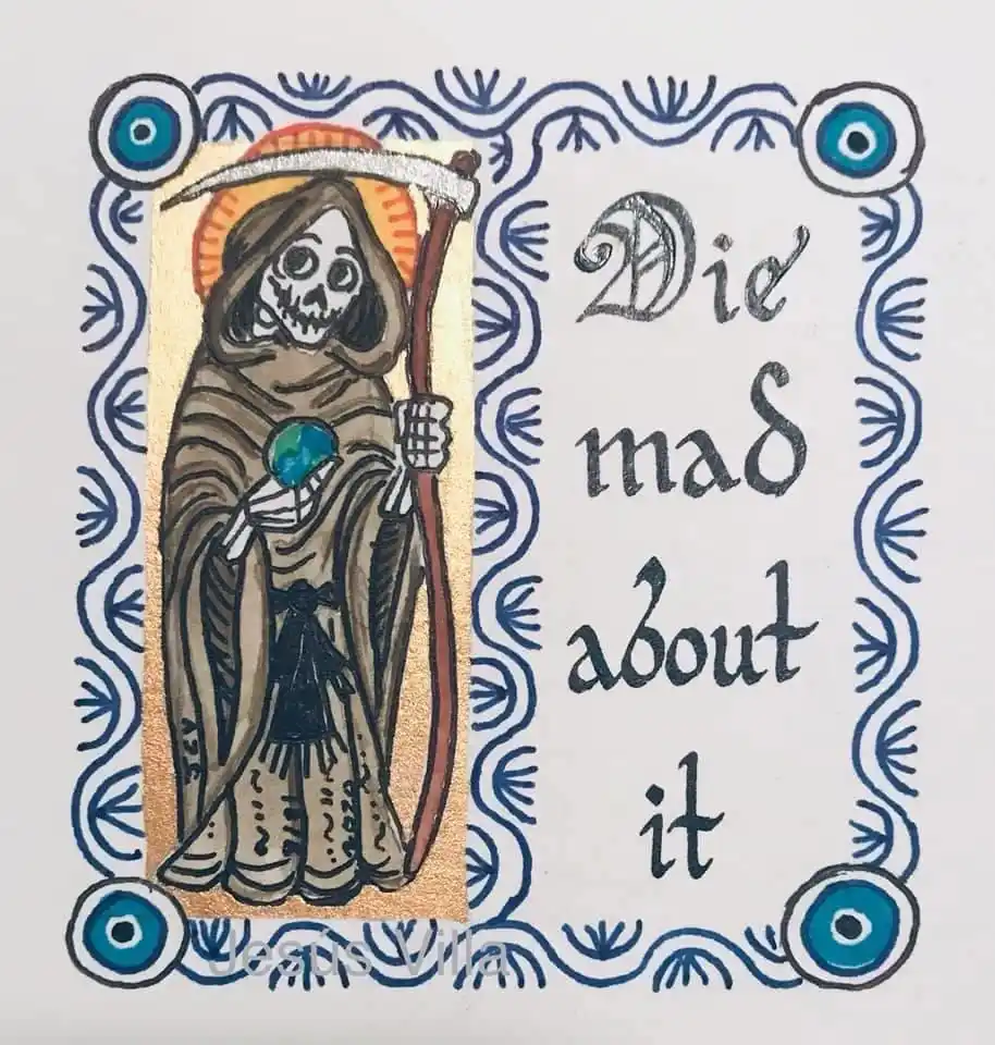An illustration of a skeletal figure in a hooded robe holding a scythe and a blue orb, set within a decorative blue and…