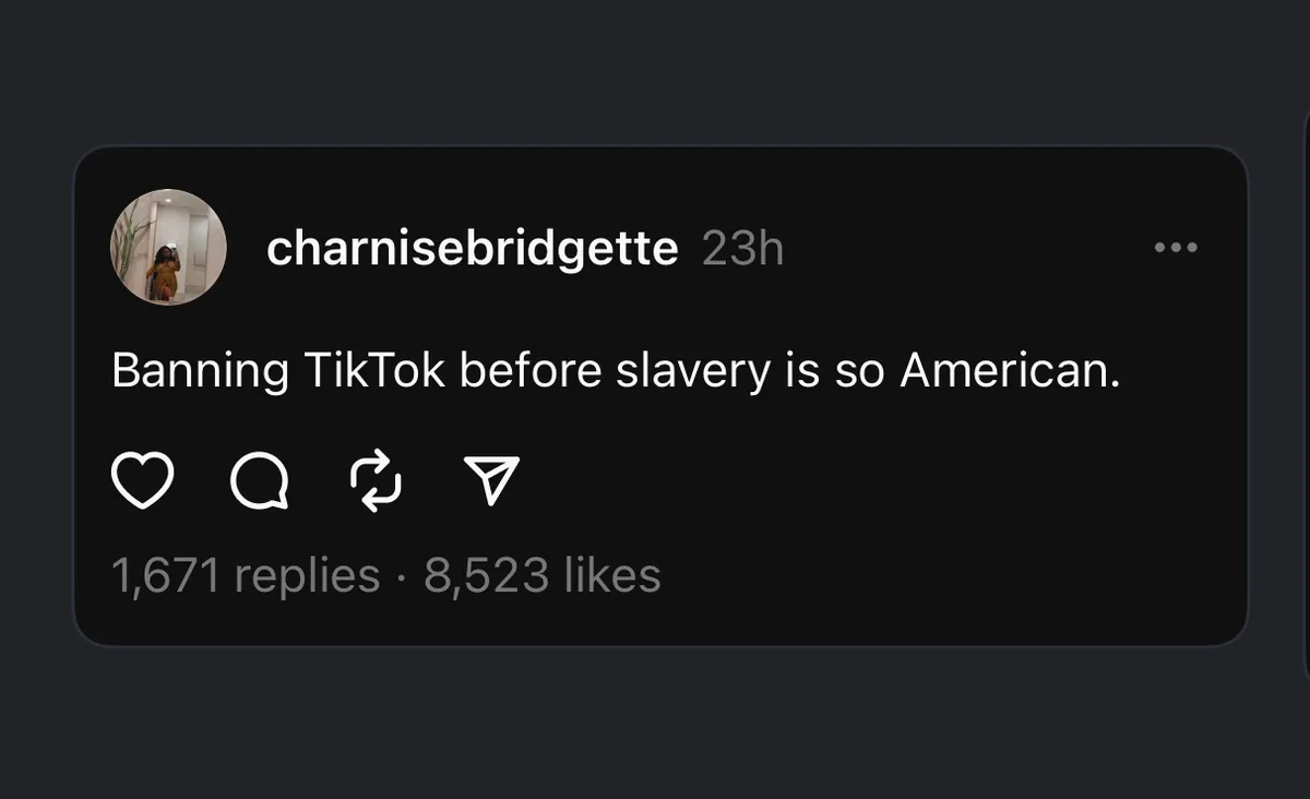 A screenshot of a social media post from user 'charnisebridgette' showing a comment that reads 'Banning TikTok before…