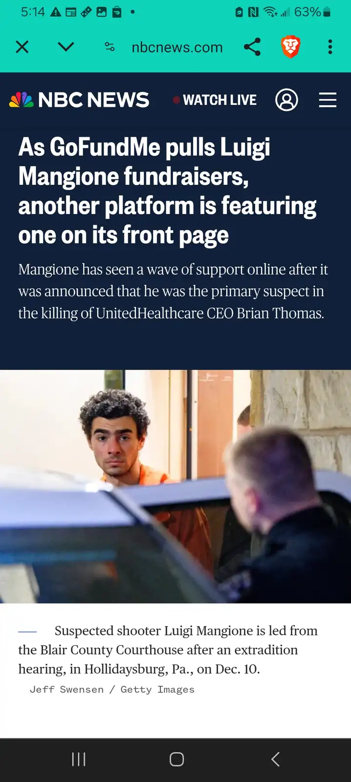 A screenshot of an NBC News article shows a photo of Luigi Mangione in an orange jumpsuit being led away by law enforcement…
