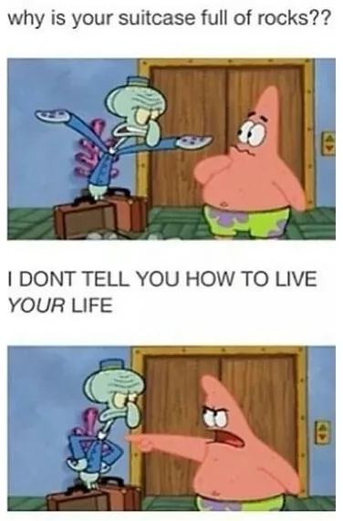 Two panels from SpongeBob SquarePants show Squidward standing on a suitcase full of rocks, asking Patrick why. Patrick…