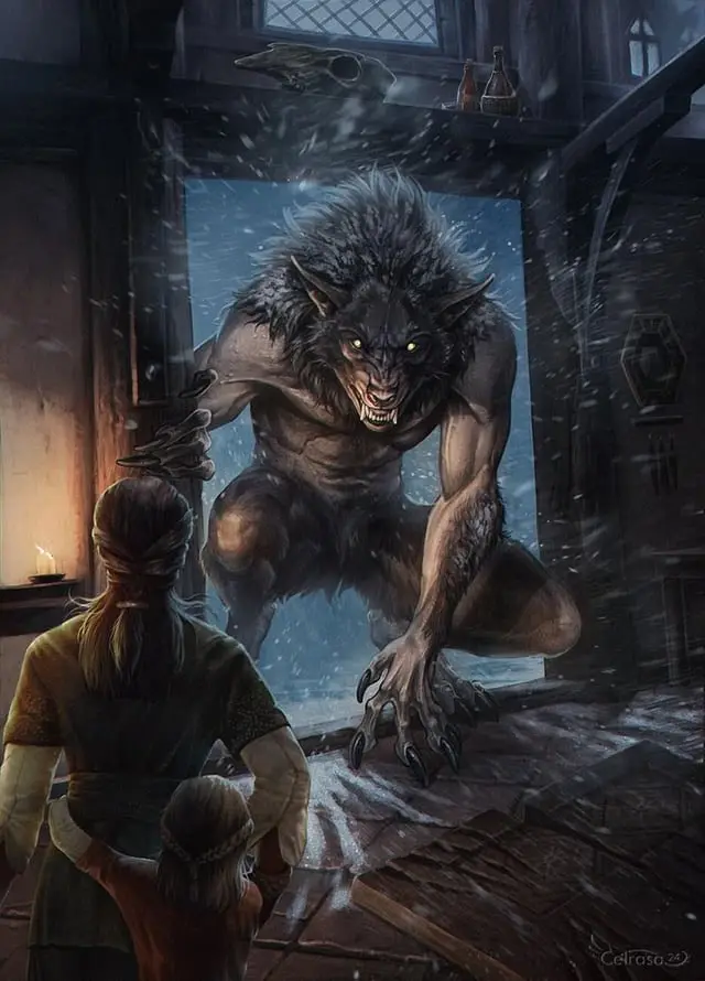 A person and a child stand inside a dark, snowy room, facing a large, menacing werewolf at the doorway. The werewolf has…