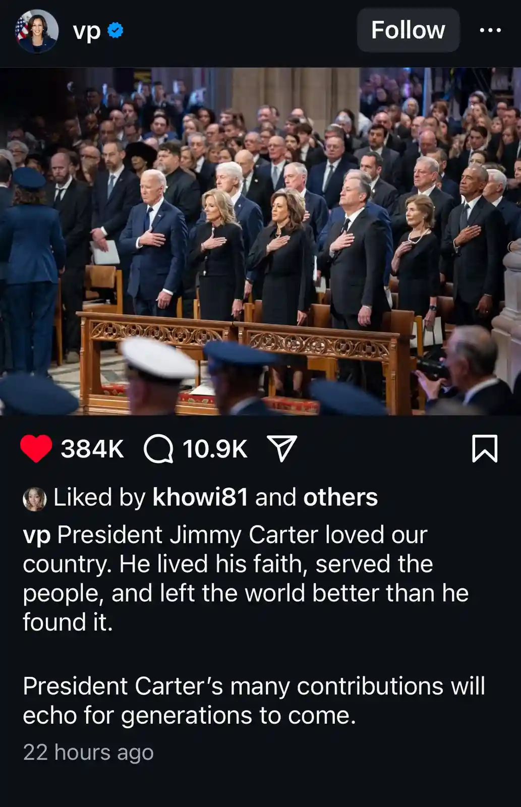 A photo shows a group of U.S. political figures, including Joe Biden, Kamala Harris, and Barack Obama, standing in a church…