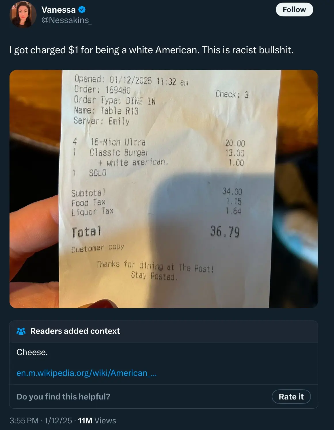A social media post shows a restaurant receipt where a 'Classic Burger' is listed with a $1 charge labeled '+ white…