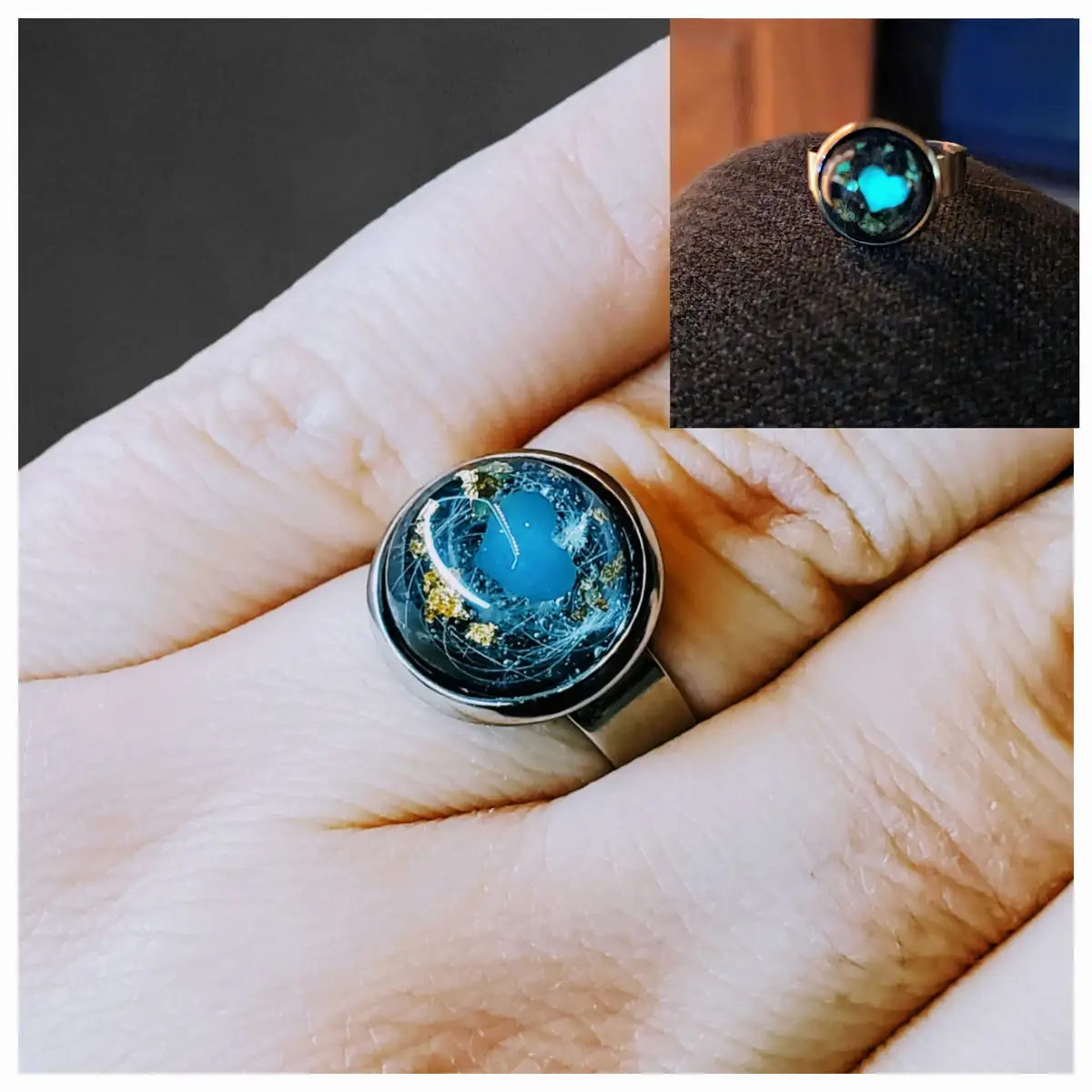 A split-image meme shows a ring with a blue, heart-shaped design under a clear dome, worn on a finger, and a second image of…