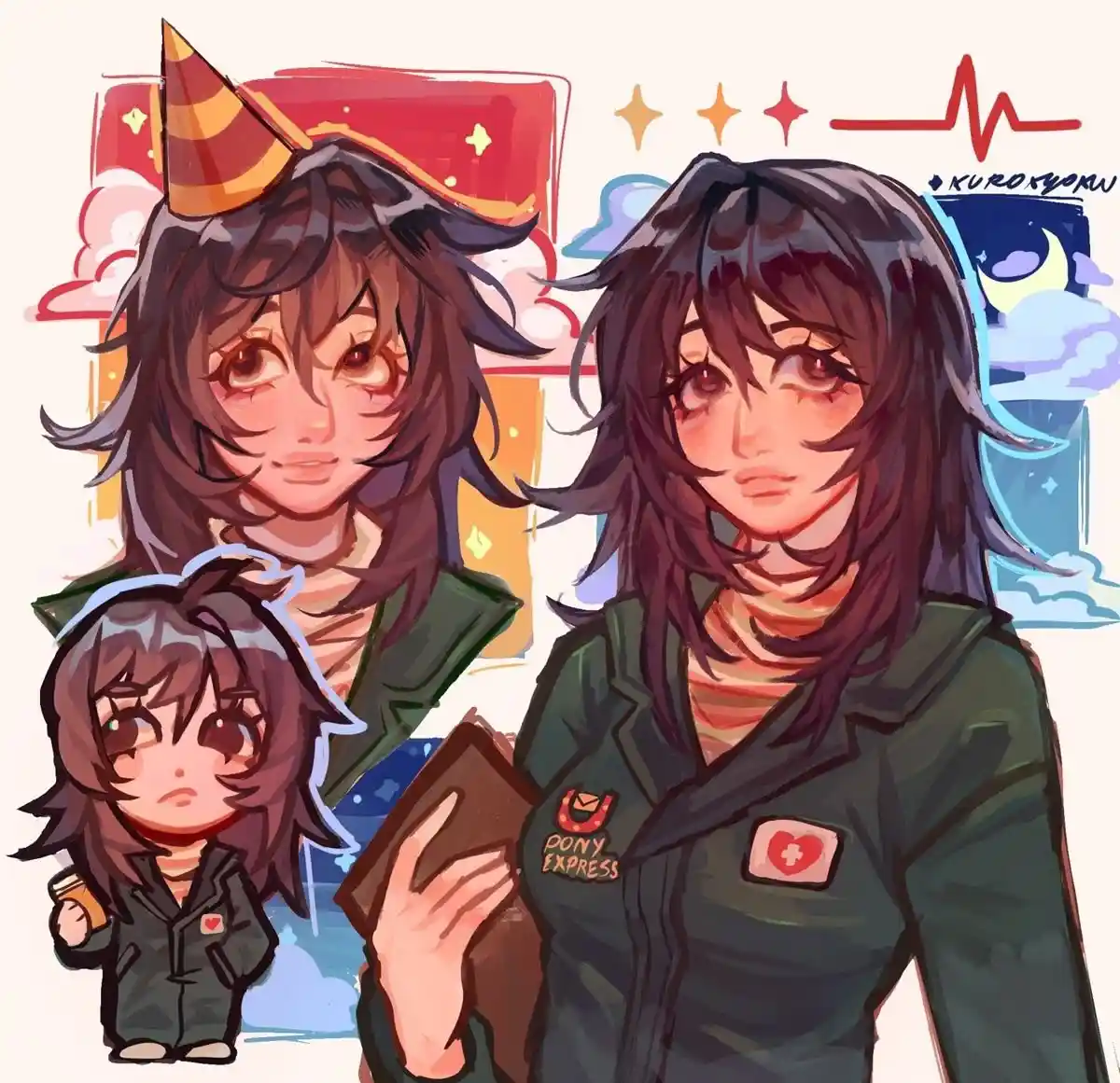 An anime-style illustration shows three versions of the same character: a large one holding a book, a smaller chibi version…