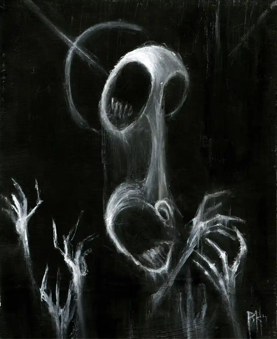 A black-and-white painting depicts a surreal, ghostly figure with a long, narrow neck, large hollow eyes, and claw-like…