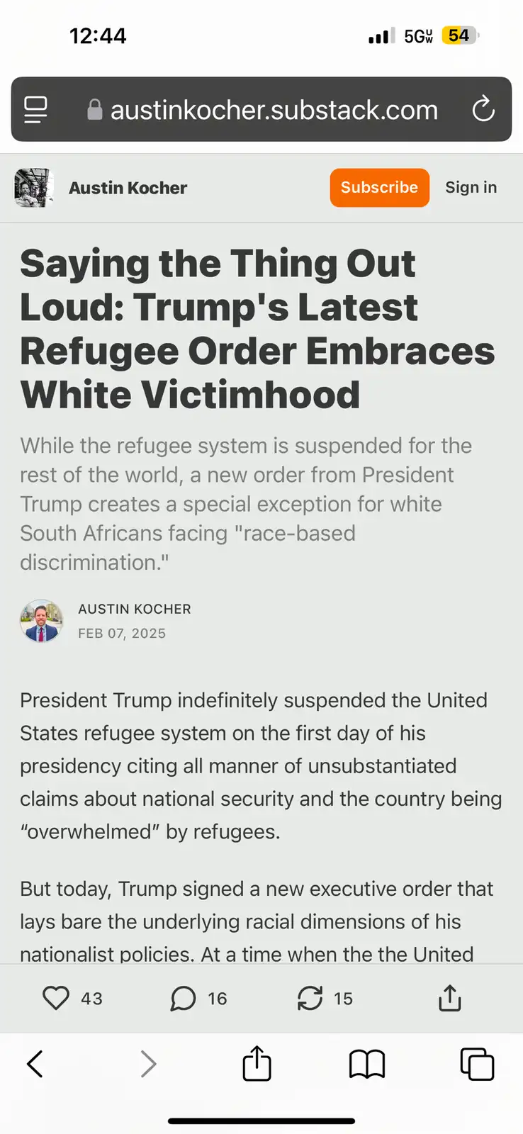 A screenshot of a Substack article by Austin Kocher titled 'Saying the Thing Out Loud: Trump's Latest Refugee Order Embraces…