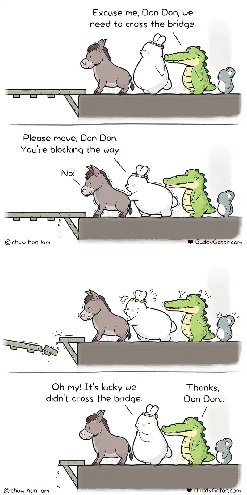 A four-panel comic strip shows a donkey named Don Don blocking a bridge while other animals (a rabbit, crocodile, and koala)…
