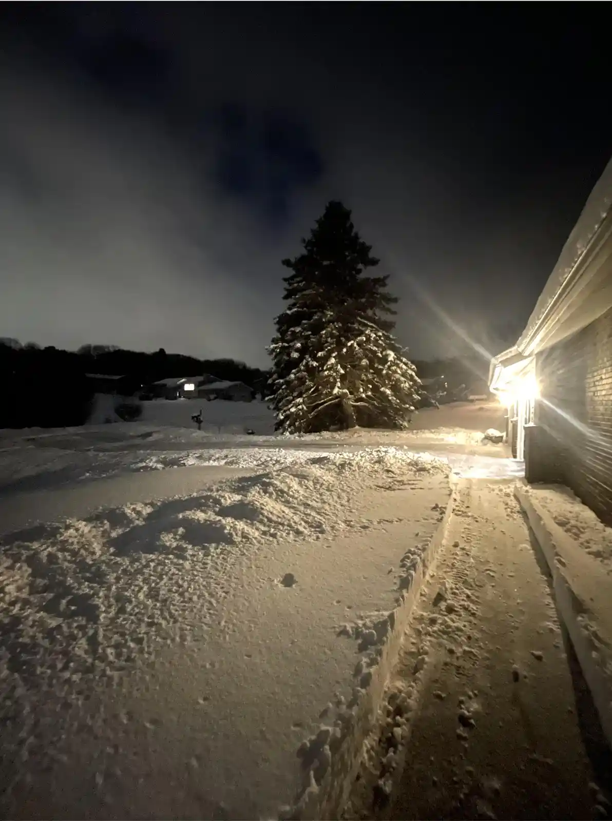 A nighttime photo shows a snow-covered residential scene with a shoveled driveway next to a sidewalk, illuminated by a…