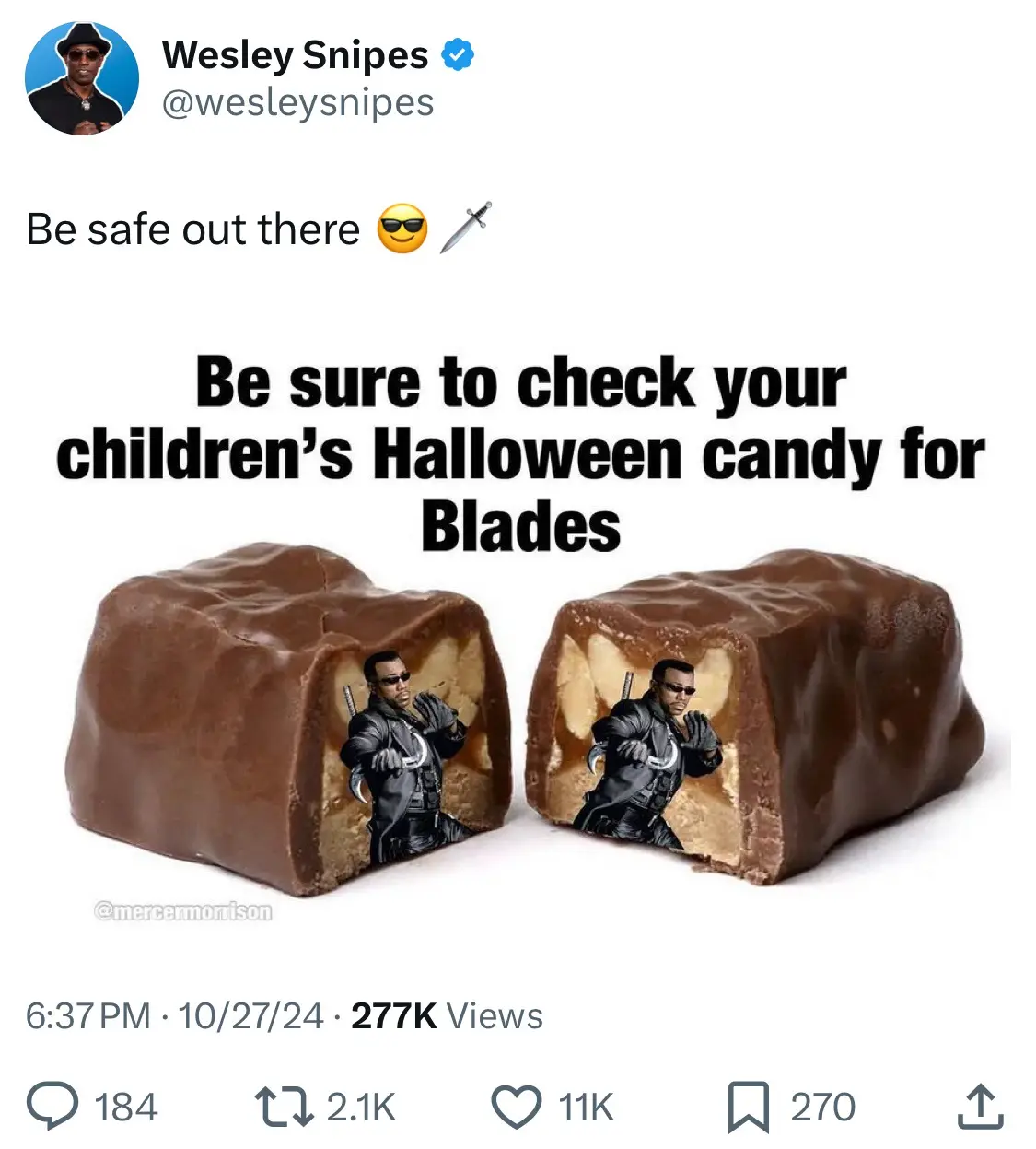 The image shows two halves of a broken chocolate candy bar, each half containing a cutout image of the character Blade from…