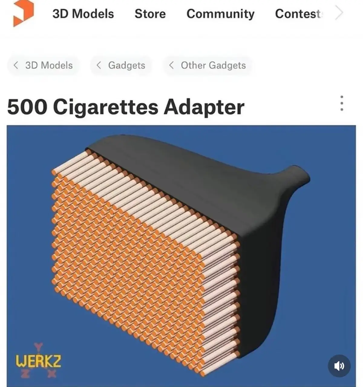 A 3D model listing page shows a black plastic adapter filled with 500 cigarettes arranged in a dense grid, labeled '500…