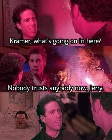 A three-panel meme from the TV show 'Seinfeld' featuring Jerry Seinfeld. The first panel shows Jerry asking Kramer, 'Kramer…