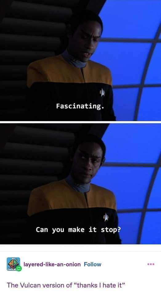 Two-panel meme featuring actor Samuel L. Jackson as a Vulcan Starfleet officer in a yellow and black uniform. In the top…