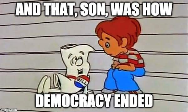 A cartoon image shows a young boy with red hair and a striped shirt standing over a white, anthropomorphic toilet paper roll…