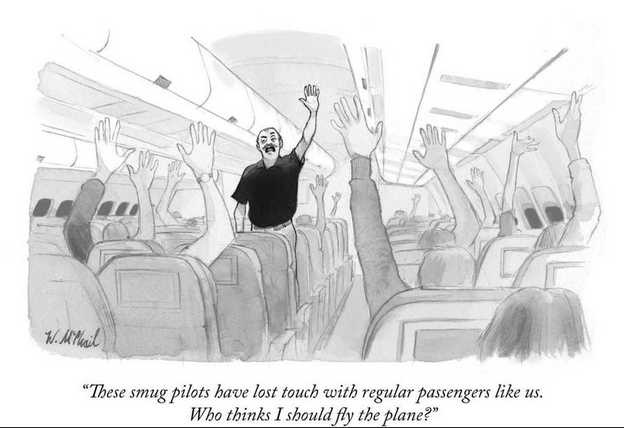 A black-and-white cartoon depicts a man standing in an airplane aisle with his arms raised, surrounded by passengers also…