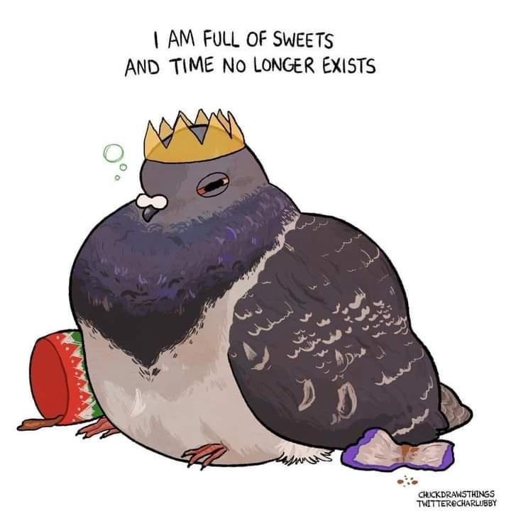 A cartoon pigeon wearing a gold crown is depicted as extremely overweight, sitting on the ground next to a red and green…