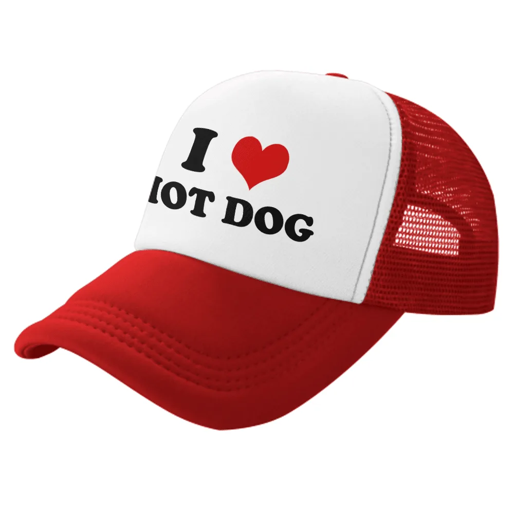 A red and white trucker-style baseball cap with a white front panel displaying the text 'I ❤️ HOT DOG' in black lettering…