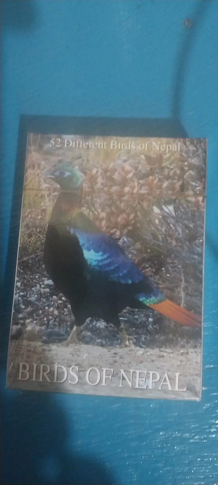 A book cover titled '52 Different Birds of Nepal' features a colorful bird with iridescent blue and green feathers, black…