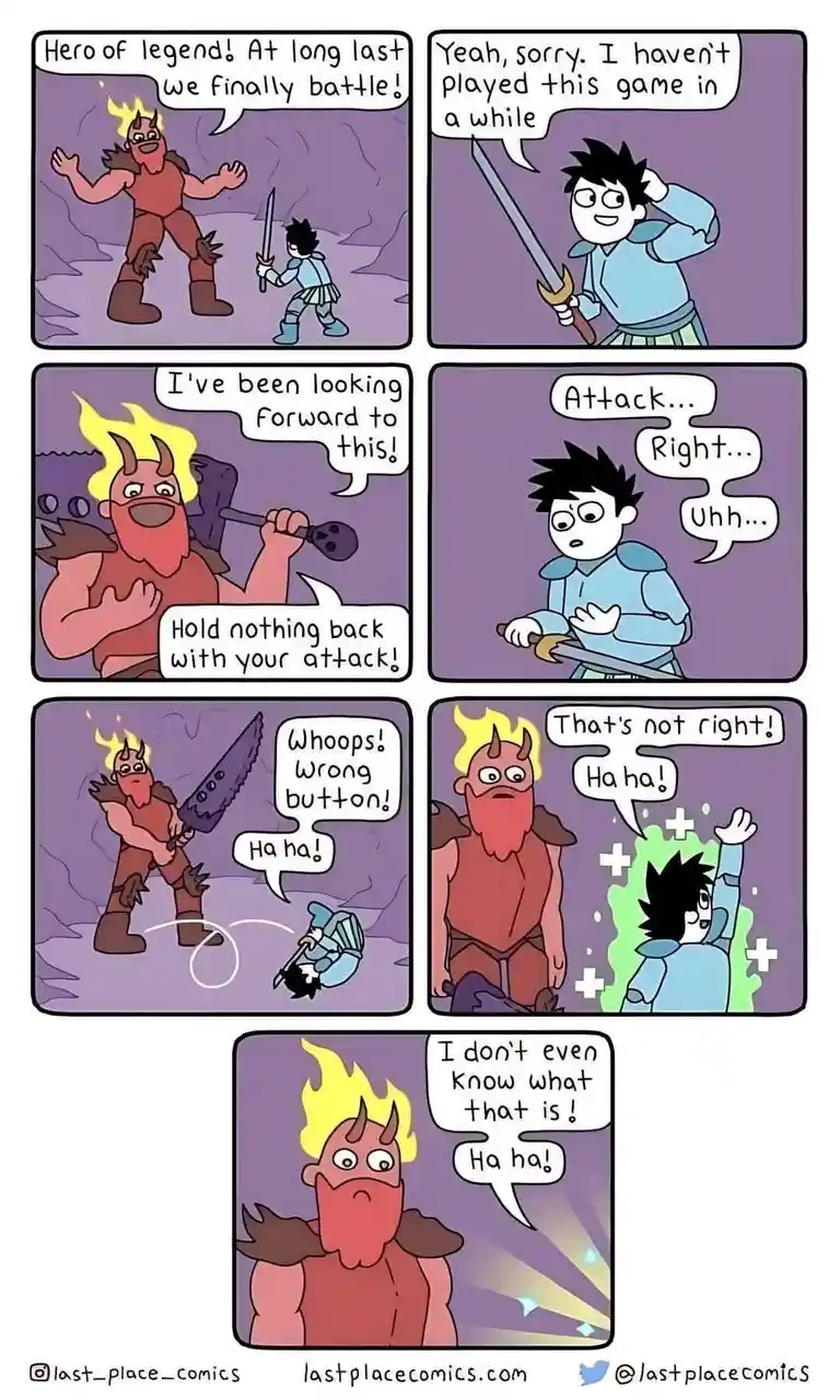 A six-panel comic strip shows a hero facing a fiery demon boss who declares a legendary battle. The hero, unfamiliar with…