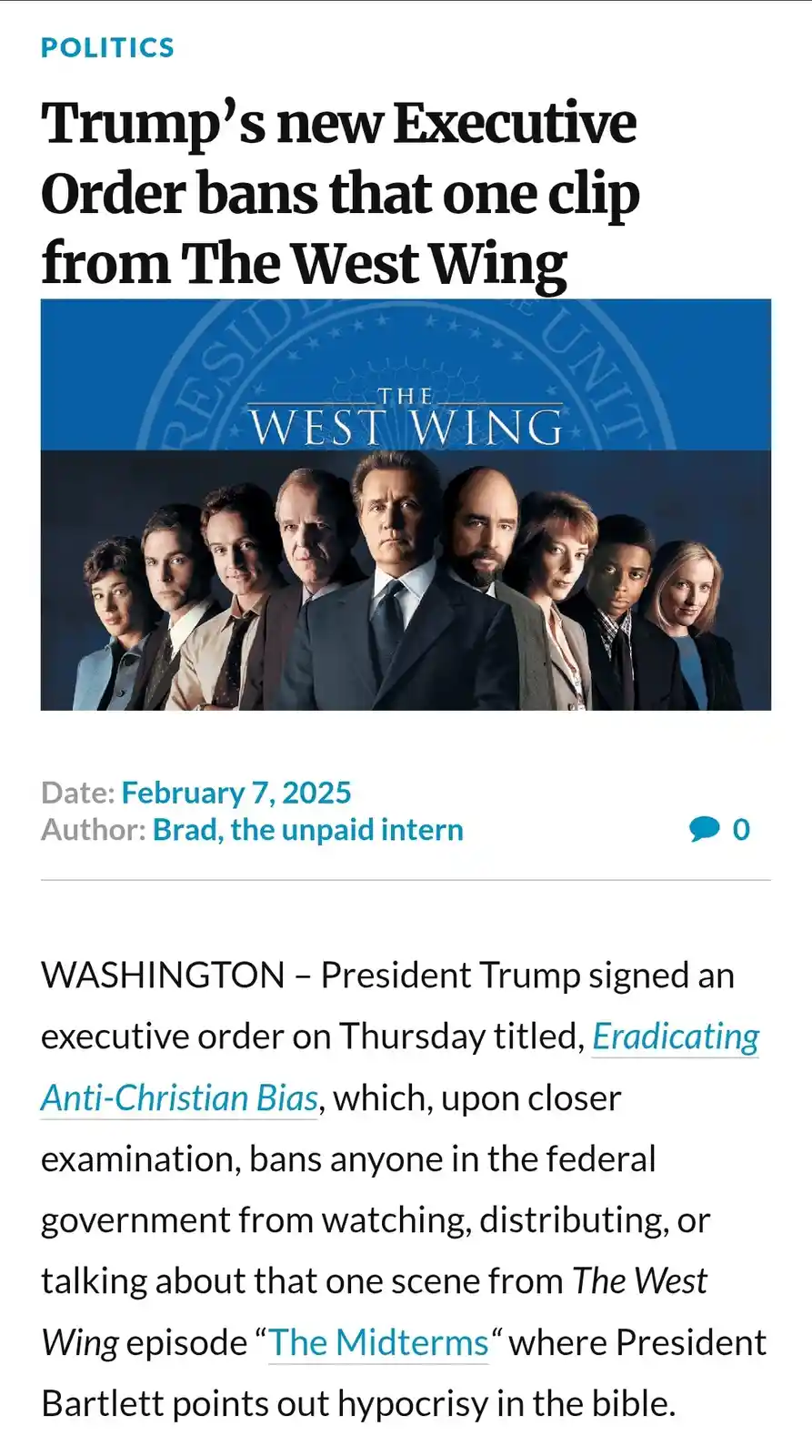 A fake news article titled 'Trump's new Executive Order bans that one clip from The West Wing' features a photo of the cast…