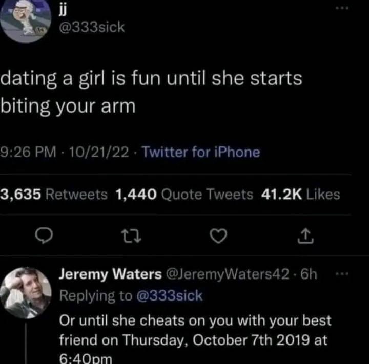 A screenshot of a Twitter thread shows a user named jj (@333sick) posting 'dating a girl is fun until she starts biting your…