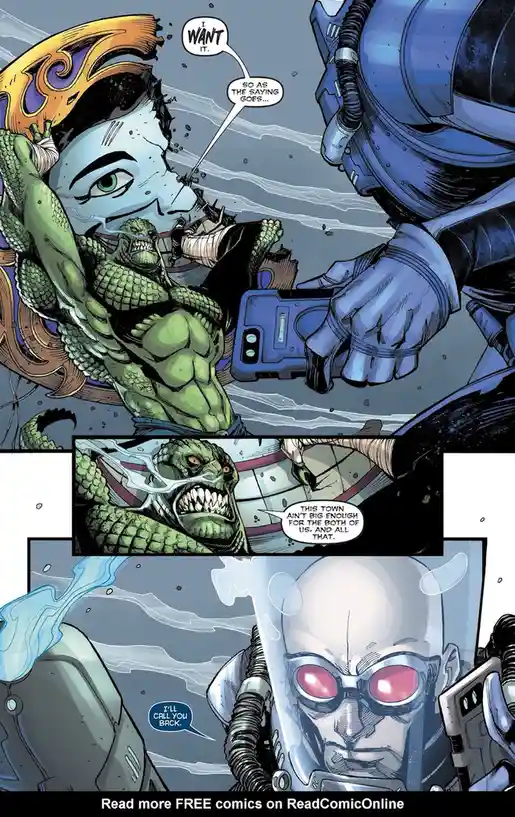 A comic panel shows a green-skinned, reptilian humanoid (Croc) shouting 'I WANT IT.' while a robotic figure holds a phone. A…