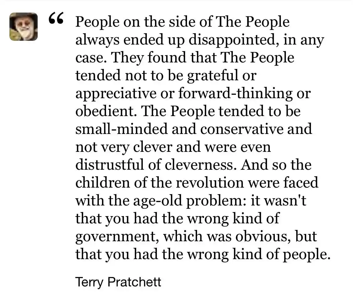 The image displays a quote attributed to Terry Pratchett, presented in black text on a white background. The quote critiques…