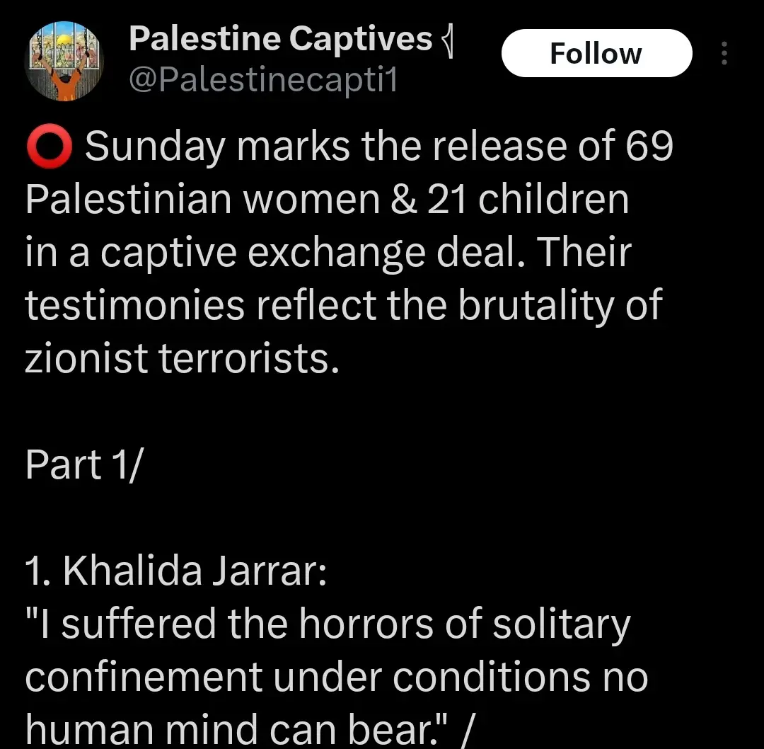 A screenshot of a social media post from 'Palestine Captives' announcing the release of 69 women and 21 children via a…