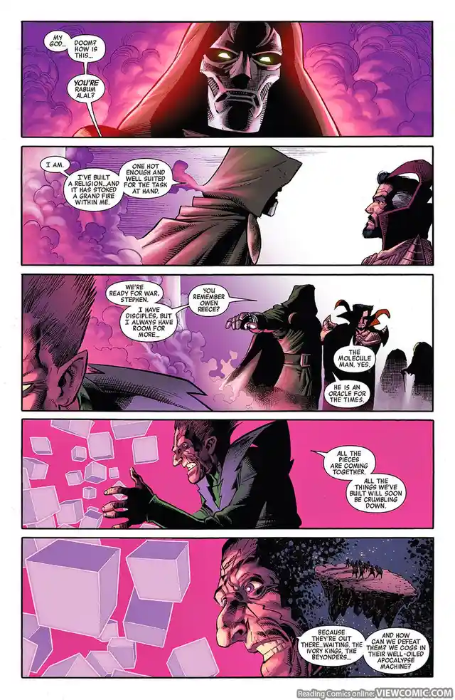 A comic book panel sequence featuring a masked villain with glowing eyes, identified as 'Rabum Alal,' who boasts about…