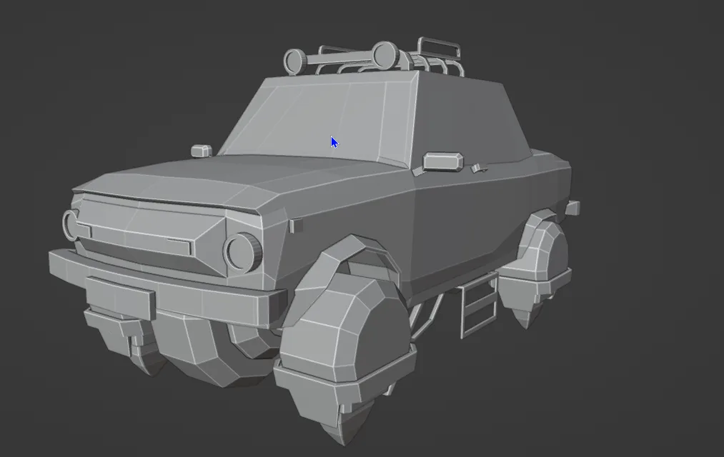 A low-poly 3D model of a rugged, boxy vehicle with visible wireframe geometry and a blue mouse cursor hovering over its…