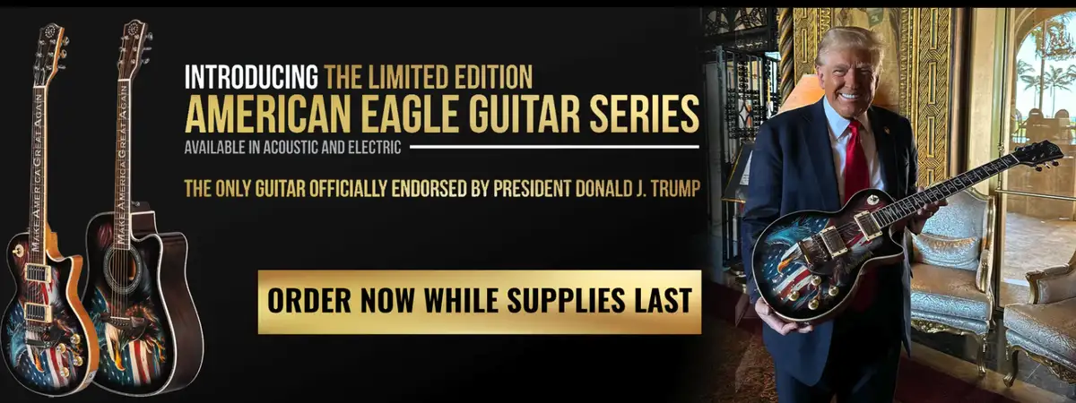 An advertisement image shows Donald Trump smiling while holding a guitar decorated with an American eagle and flag motif…