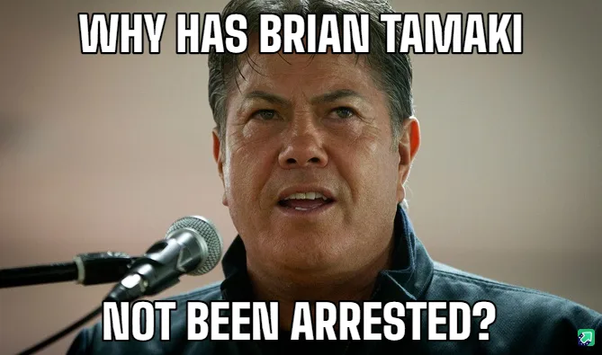 A close-up photo of Brian Tamaki speaking into a microphone, with bold white text overlaid at the top and bottom asking 'WHY…