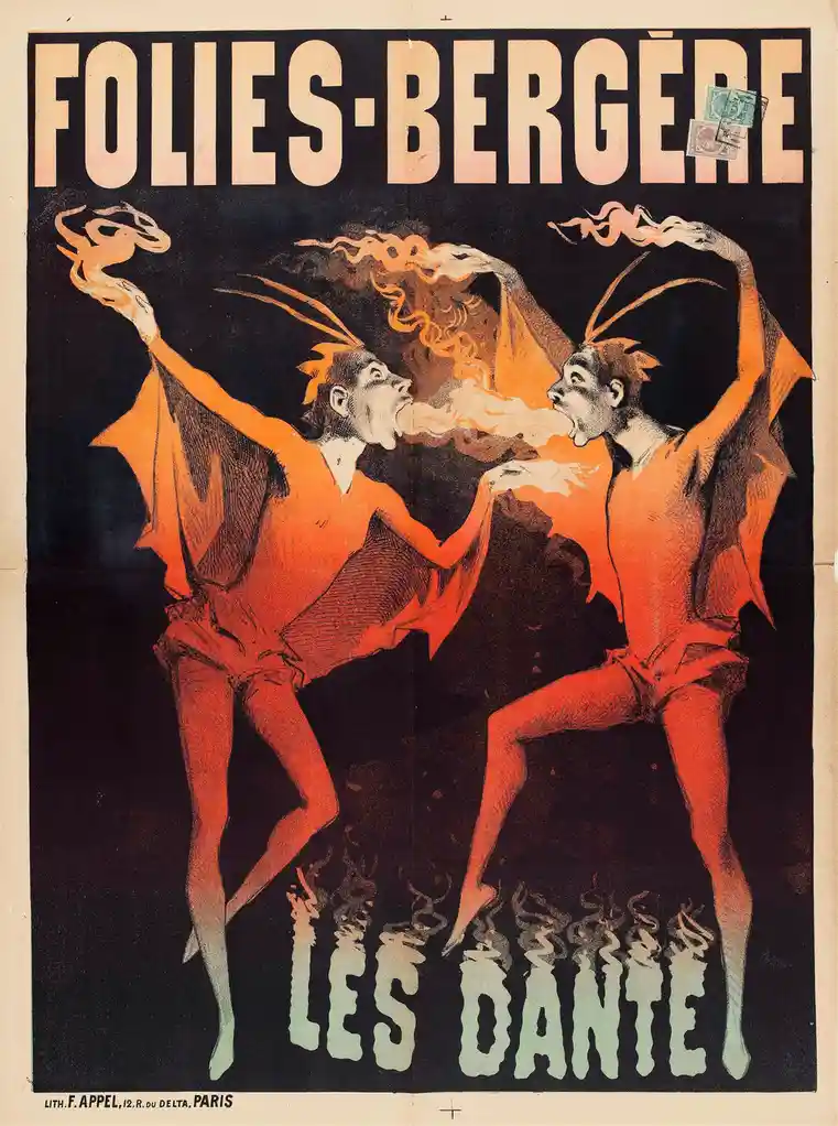 A vintage French poster for Folies-Bergère shows two orange-clad, bat-winged figures with fiery hair and smoke blowing from…